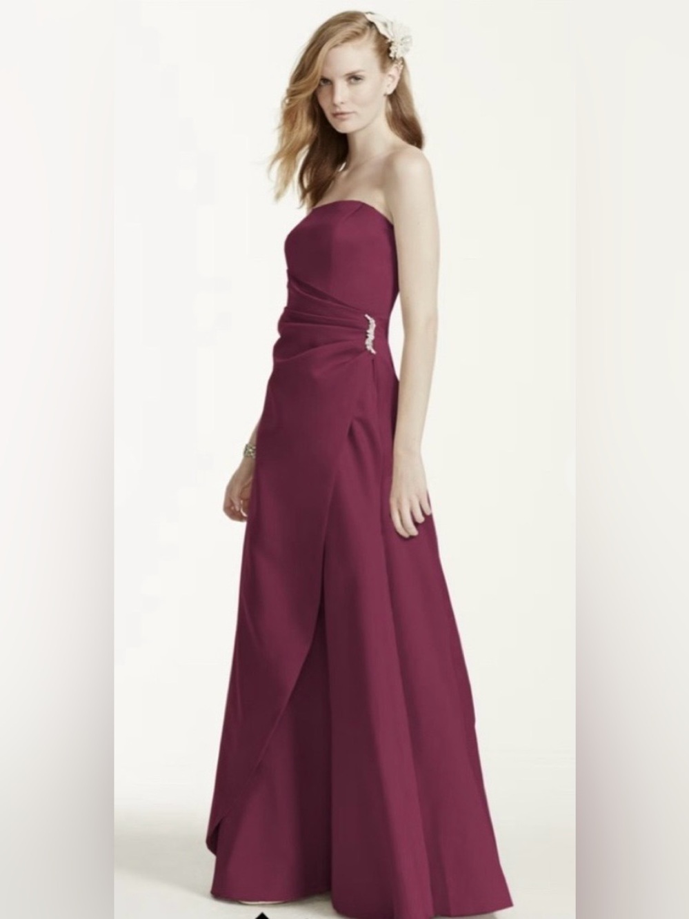 David's Bridal Strapless Wine Satin A-Line Gown